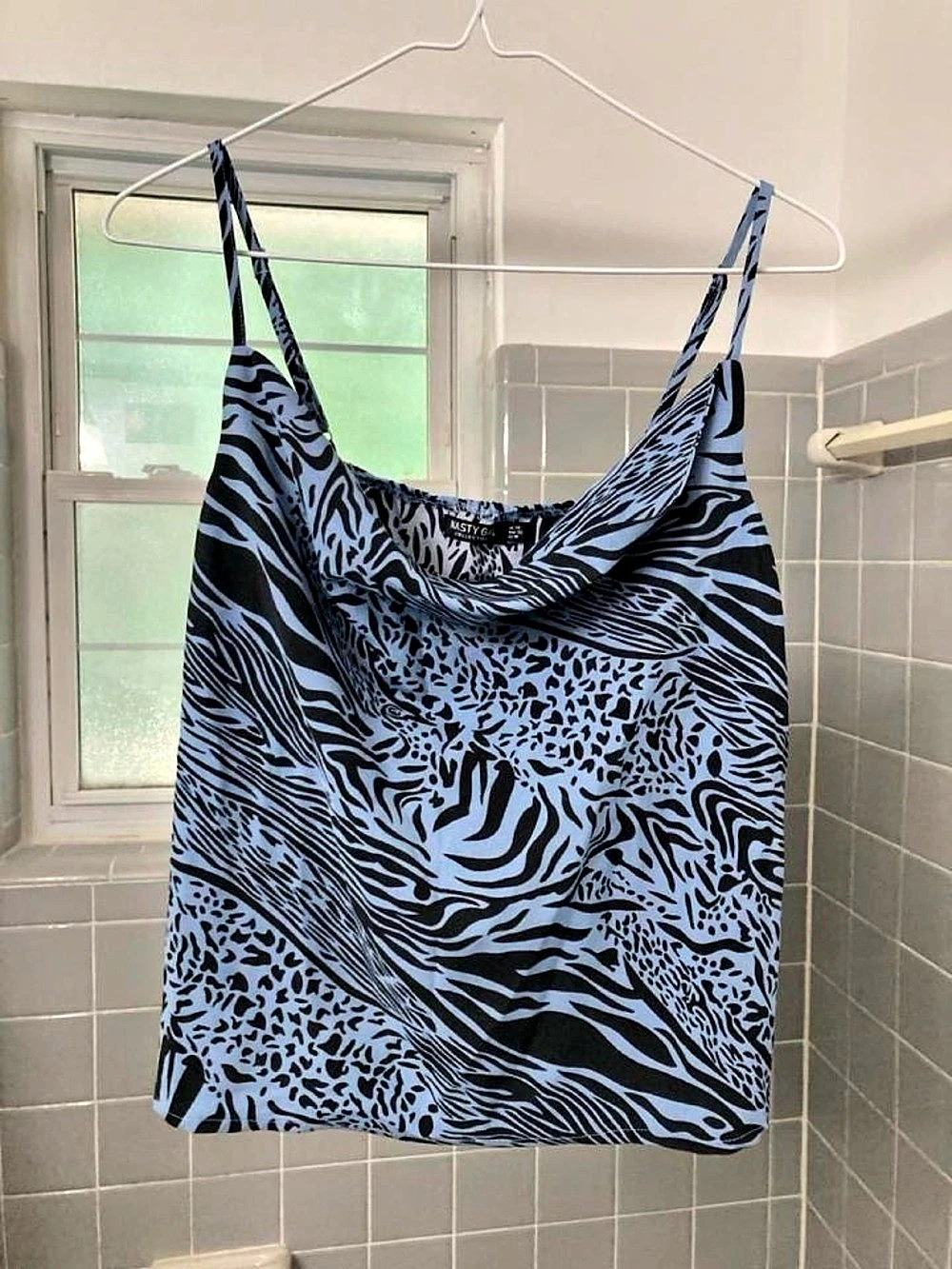 Nasty Gal Animal Print Cowl Neck Top in Blue & Black Size 10